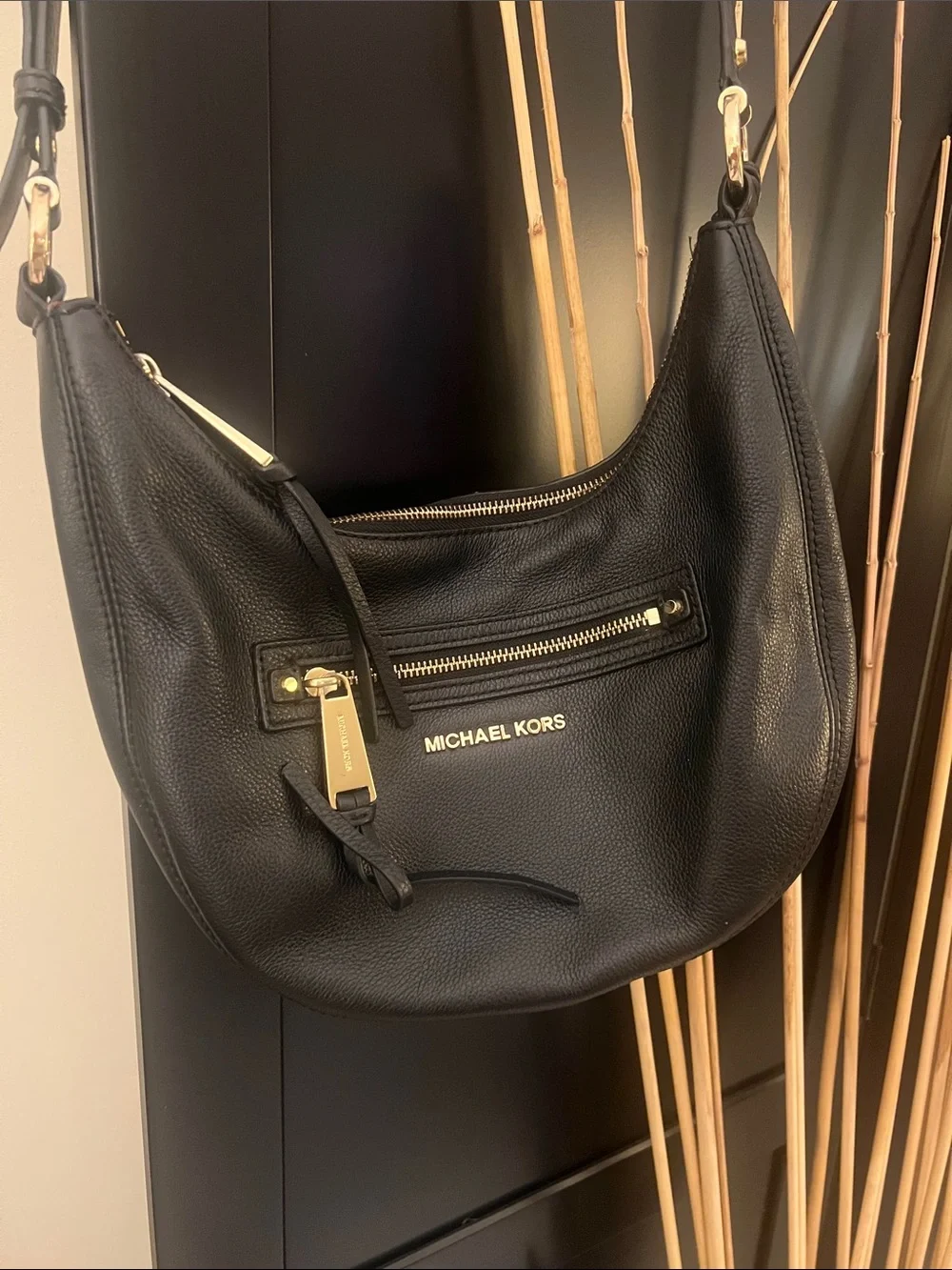 Michael Kors Black Pebbled Leather Crossbody with Gold Hardware